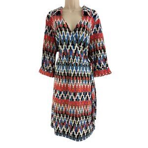 Coral Blue Jigsaw Print New Faux-Wrap Dress w/Tie‎ Size 2X Plus Knit All-Season